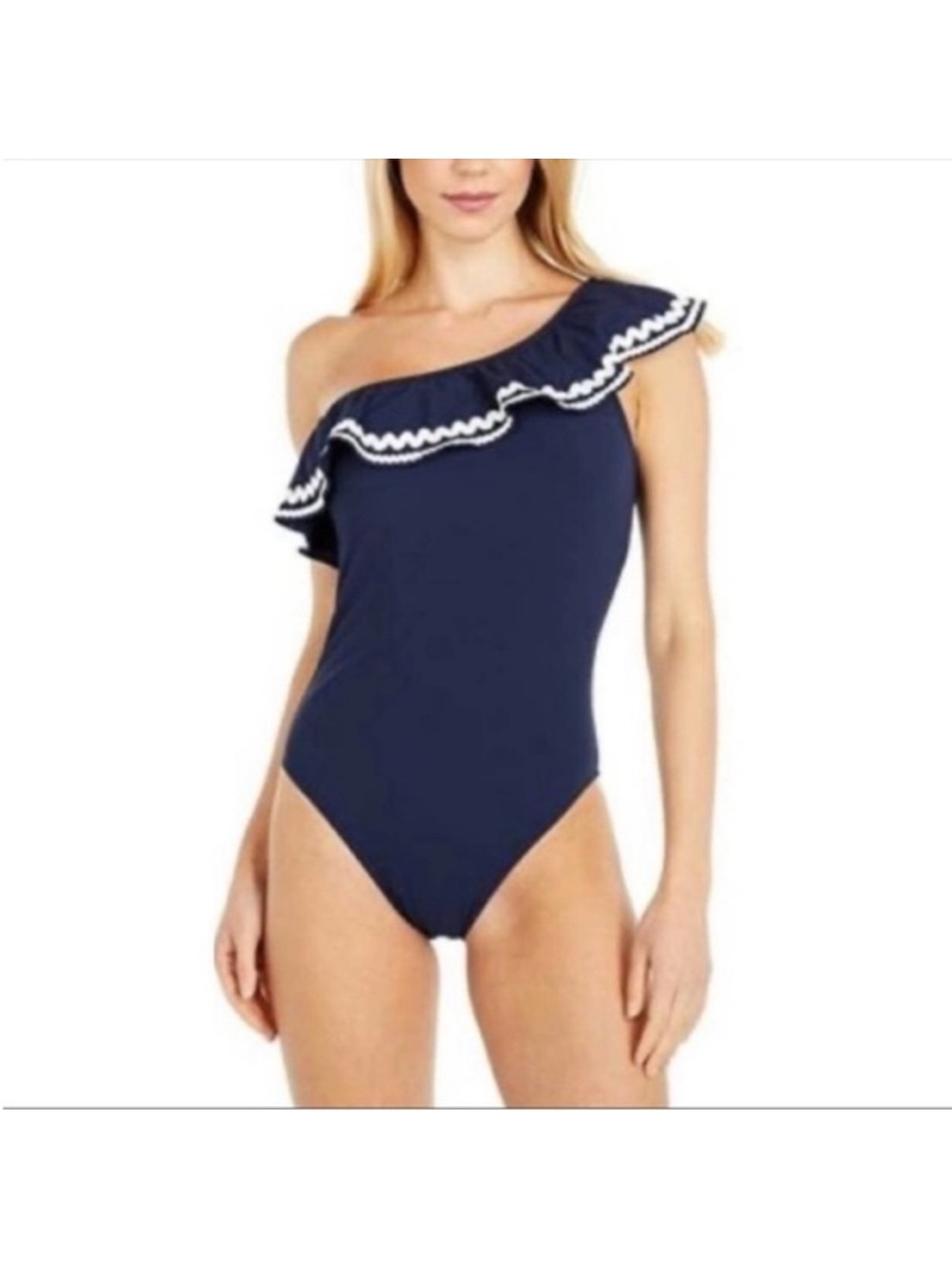 J. Crew One-Shoulder Ruffle One-Piece Swimsuit Navy White Rickrack Size 8 Preppy